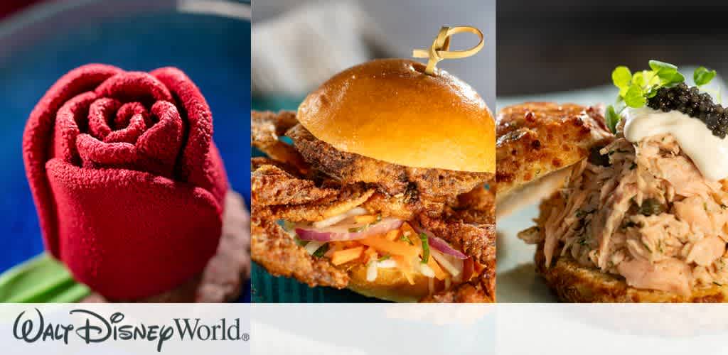The image showcases three gourmet dishes from Walt Disney World. On the left is a dessert shaped like a red rose on a green base. In the center, there is a savory slider with crispy fried chicken and vegetables in a soft bun. On the right is a tuna dish with creamy sauce and caviar, garnished with fresh greens on a toasted bread base.