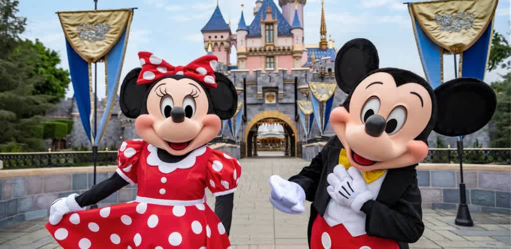 Two iconic cartoon characters stand in front of a fairytale castle in a theme park. The character on the left wears a red polka dot dress with a matching bow, while the character on the right wears red shorts with buttons, white gloves, and a yellow bowtie. The castle is adorned with blue and gold banners, and trees and a clear blue sky are visible in the background.