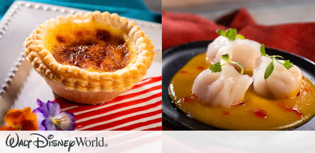 A close-up of a dessert and appetizer from Walt Disney World. On the left, a caramelized custard tart topped with delicate pastry edges on a striped cloth with flowers. On the right, three white dumplings garnished with herbs, resting on a yellow sauce with splashes of red. Both dishes are presented on elegant plates with a vibrant backdrop.