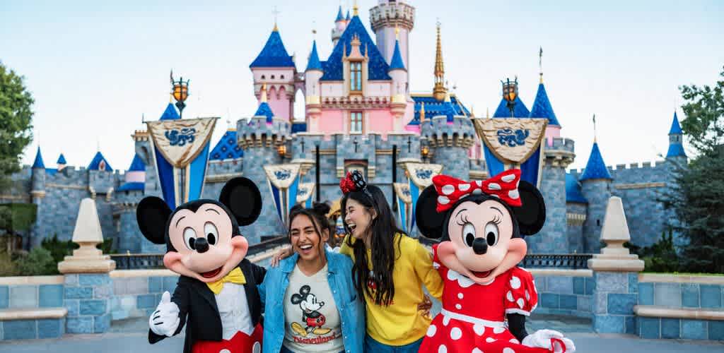 Two people stand cheerfully between two classic cartoon mouse characters in front of a vibrant castle with pink and blue towers adorned with banners. The scene is bright and playful, capturing a sense of joy and wonder. Trees and stone walls frame the background, enhancing the enchanting atmosphere.