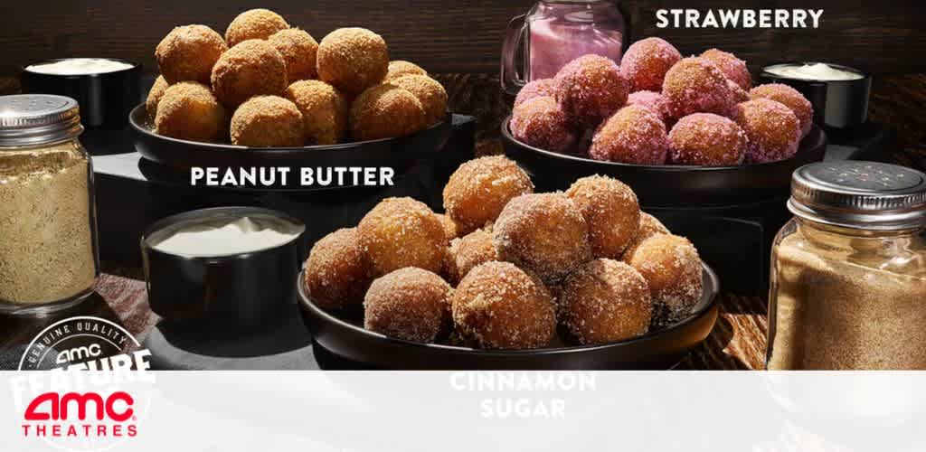 TThree varieties of round, coated treats presented in bowls with corresponding flavor labels: Peanut Butter, Strawberry, and Cinnamon Sugar, in an AMC Theatres promotional graphic.