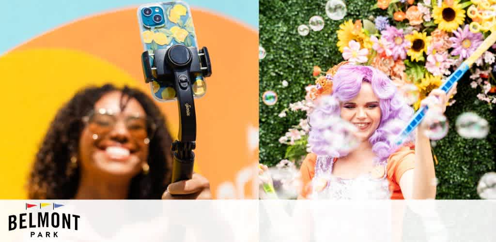 This image is a vibrant split-screen photograph. On the left, a joyous individual with a radiant smile is reaching towards the camera with a gimbal stabilizer holding a smartphone decorated with a cheerful, floral patterned cover. The backdrop is a solid circle of a warm orange hue, complementing the person's glistening face and the playful bubble-like adornments on their cheeks. On the right, another person exudes charm and delight, adorned with a curly lilac wig and gleaming, peach-toned attire. They are surrounded by an abundant floral scenery, immersed in a whimsical atmosphere filled with floating soap bubbles, capturing a moment of pure magic and enjoyment. Both scenes suggest an ambiance of fun and creativity, inviting viewers to imagine themselves in a realm of joyous entertainment.

As you plan your next visit to Belmont Park, remember that GreatWorkPerks.com offers the lowest prices on tickets, ensuring your adventures are met with significant savings and discounts!