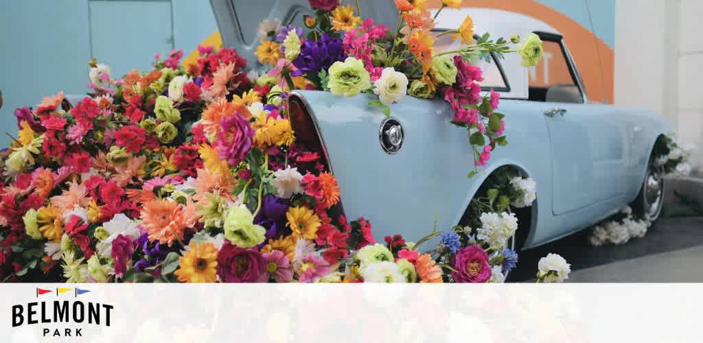 This image features a creative floral display involving a classic car, which is partially buried in a plethora of vibrant and colorful flowers. The front half of a pale blue vintage automobile emerges from a bed of flowers, with the blooms overwhelming the vehicle's surface, including the hood, bumper, and open door. The flowers manifest in various hues, including pink, yellow, orange, purple, white, and green, creating a dazzling array of colors. Above the car, a banner displays the words "BELMONT PARK" with a colorful logo, suggesting that this display is associated with the location mentioned. At the top and bottom of the image, there’s a smooth transition into a plain white background, likely to accommodate text or additional design elements.

Explore the unique attractions at Belmont Park and take advantage of our exclusive deals that ensure the lowest prices on tickets for a bouquet of adventures!