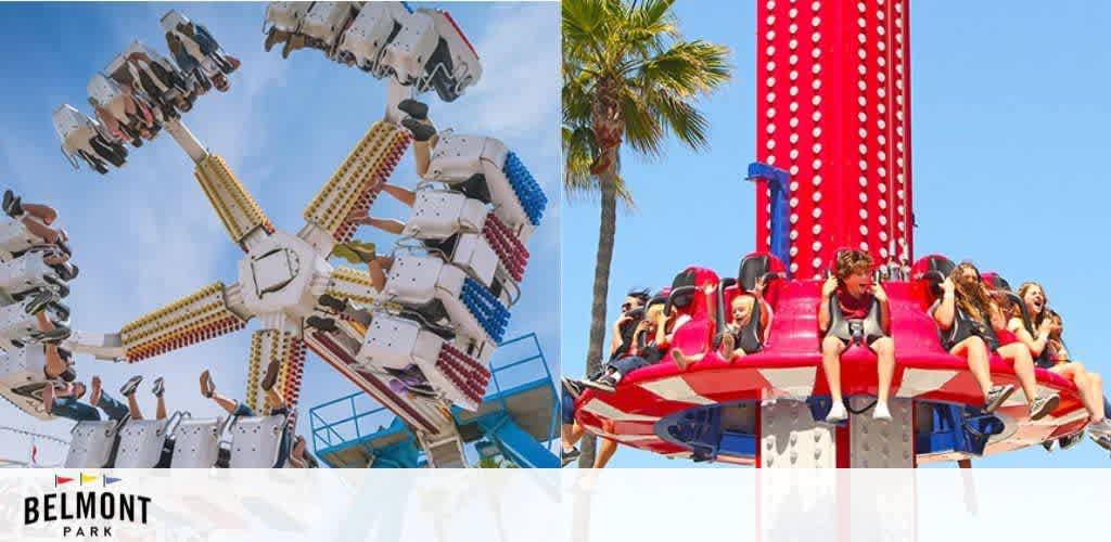 Image shows two amusement park rides under a clear blue sky. On the left, a claw-like ride with multiple arms lifts people high, their legs dangling. The right shows riders strapped into a vertical drop ride, expressions of thrill visible. Belmont Park logo displayed.