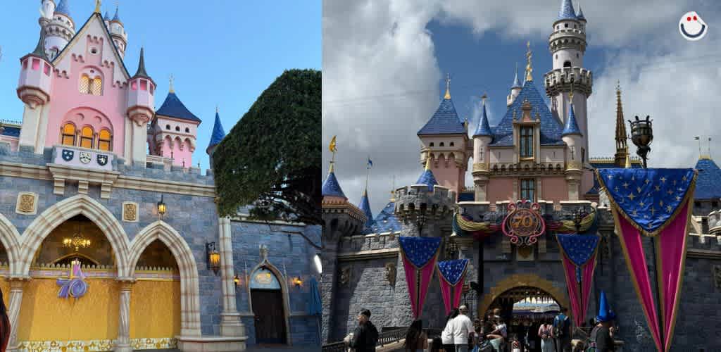 Image of a fairytale-inspired castle with pink towers, blue spires, and decorative banners celebrating a 70th anniversary. The castle on the left shows ornate arches and a shield emblem. The castle on the right features multiple blue turrets and people gathering near the entrance. The sky is partly cloudy, adding to the enchanting atmosphere.