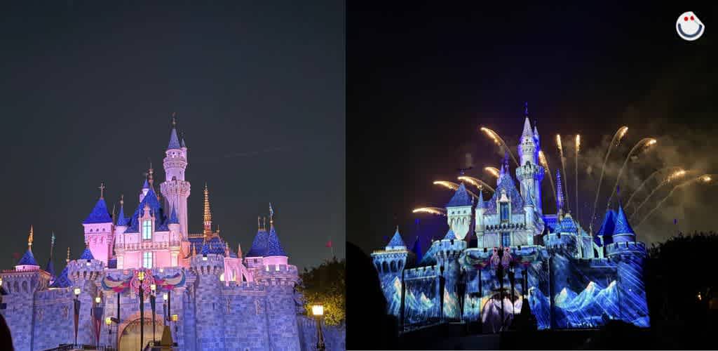 Two images side by side of a brightly lit castle at night. The left side features the castle illuminated in pink and blue hues, with intricate architectural details visible. The right side shows the castle adorned with colorful projections and surrounded by fireworks, creating a vibrant and magical atmosphere. The sky is dark, enhancing the luminosity of the scenes.