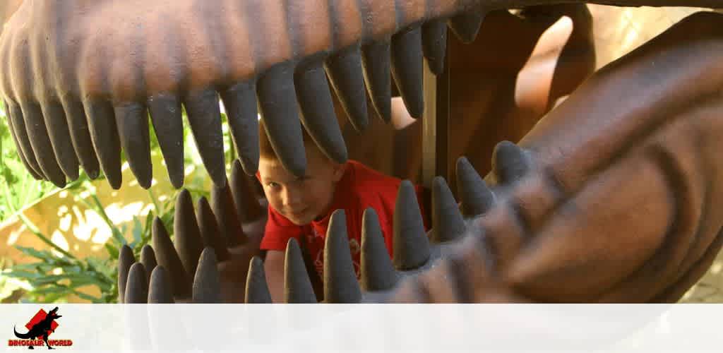 Child peeks through large, tooth-like structures in a play area with a dinosaur theme.