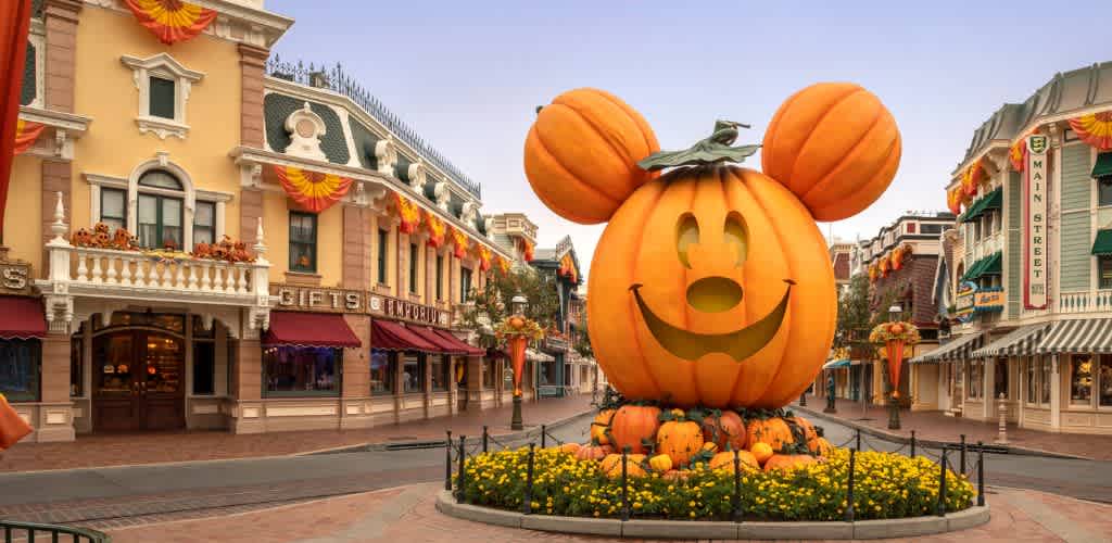 Halloween-themed Disneyland image featuring festive decorations and characters in a vibrant, colorful setting.