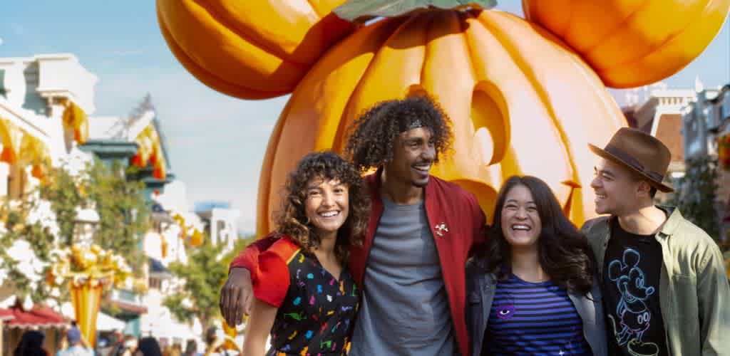 Group of people smiling and enjoying themselves at a festive outdoor event with large pumpkin decorations in the background