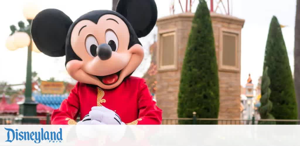 Mickey Mouse in a red outfit at Disneyland Park, with trees and lamp post backdrop.