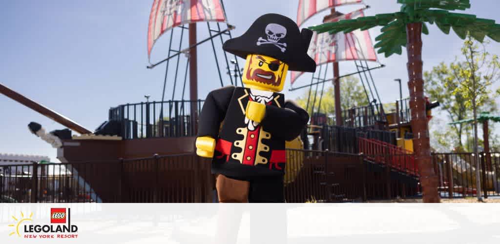 Image shows a large LEGO figure of a pirate at LEGOLAND New York Resort. The pirate is dressed in traditional attire with a black hat, eye patch, and a hook for a hand, standing in front of a themed playground with a ship and palm tree. The setting suggests a playful and family-friendly environment.