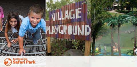 This image depicts a collage of three photographs from the San Diego Zoo Safari Park. On the left, two children are shown happily climbing on a rope structure at a playground. The boy in the foreground wears a light blue shirt and smiles widely at the camera, while the girl behind him, in what appears to be a peach-colored top, is also enjoying herself. In the center, a wooden sign reads "VILLAGE PLAYGROUND" in rustic capital letters against a backdrop of lush foliage. To the right, a scenic view of a lagoon surrounded by dense tropical vegetation and palm trees suggests a tranquil and natural atmosphere. In the distance, visitors can be observed on a pathway enjoying the park's serene environment.

Explore the excitement and wonder of the San Diego Zoo Safari Park and uncover savings with our lowest-priced tickets available at FunEx.com.