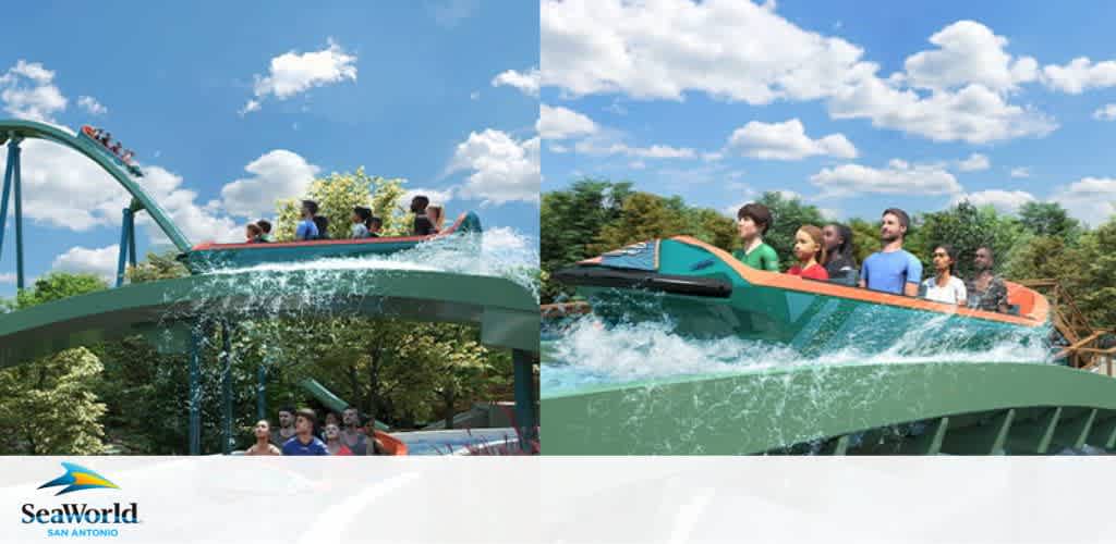 Image depicts a roller coaster ride at SeaWorld San Antonio, emphasizing thrill and excitement. Two scenes show a water-based coaster with passengers in mid-descent, splashing into the water, against a cloudy blue sky backdrop. The SeaWorld logo is visible in the corner.