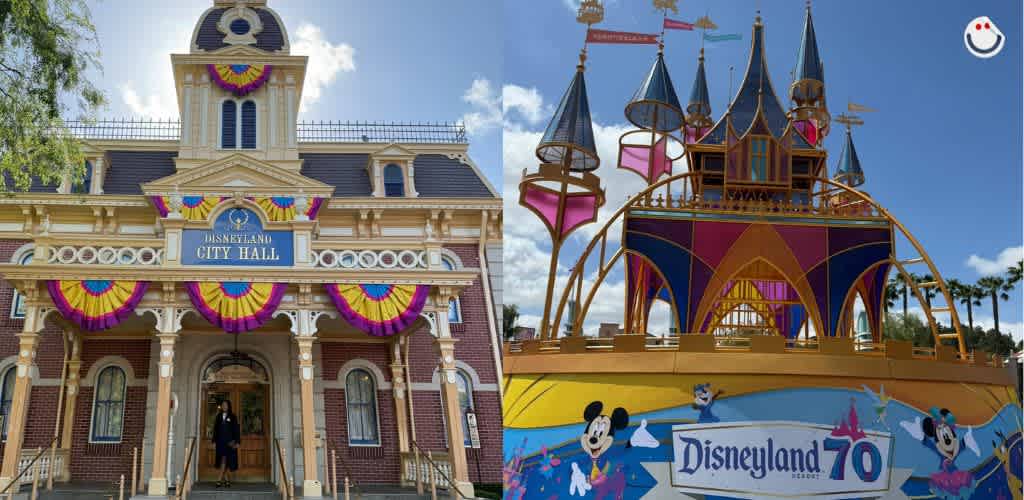 The image shows Disneyland City Hall decorated with colorful banners and a sign, against a backdrop of a clear sky. On the right, a vibrant structure features turrets and flags, adorned with a display celebrating Disneyland's 70th anniversary. The scene is lively and festive, capturing the spirit of the theme park.