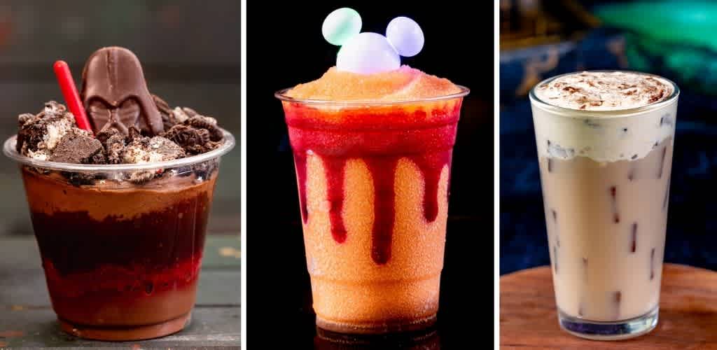 Three different iced desserts and beverages in clear glasses with toppings and colorful syrups on dark and wooden backgrounds.
