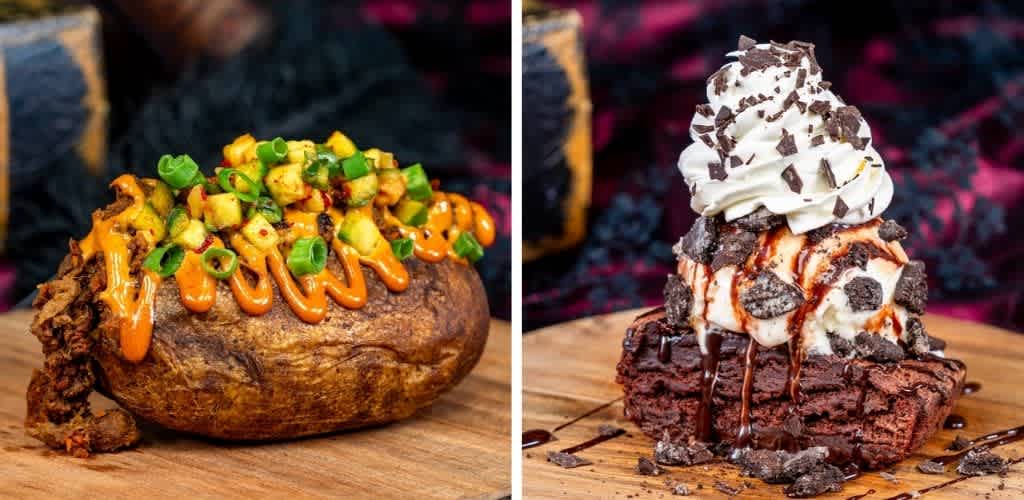 A baked potato topped with chopped green onions and spicy sauce alongside a fudgy brownie topped with whipped cream chocolate chunks and caramel sauce