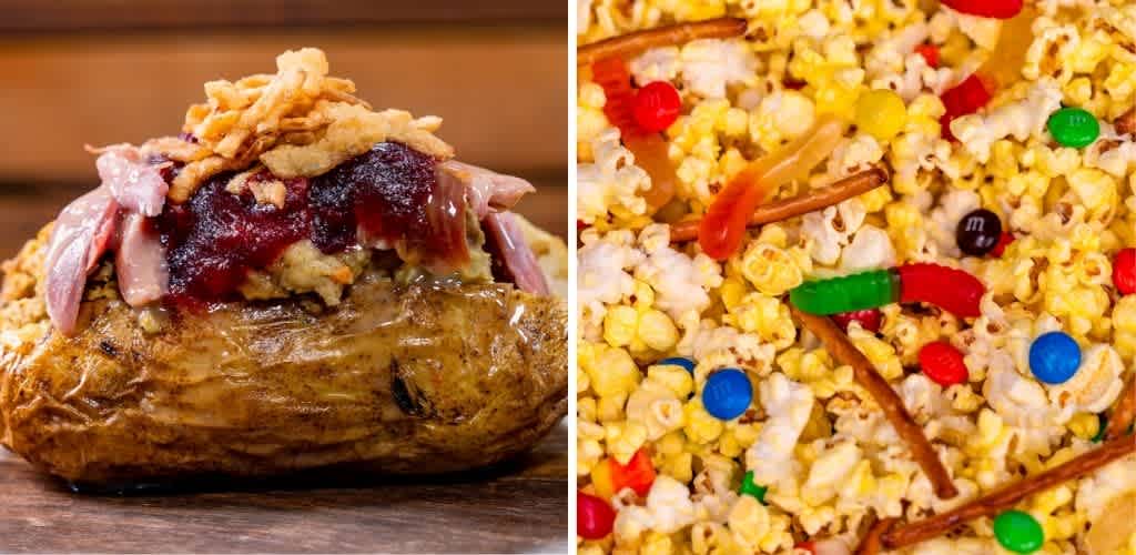 Side-by-side images of a loaded baked potato topped with bacon, cheese, and gravy, and a bowl of colorful popcorn with candies and caramel drizzle.