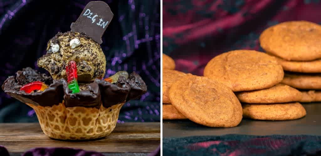 A table displays a decorated cupcake with chocolate coating and toppings on the left, and a stack of oatmeal cookies on the right.