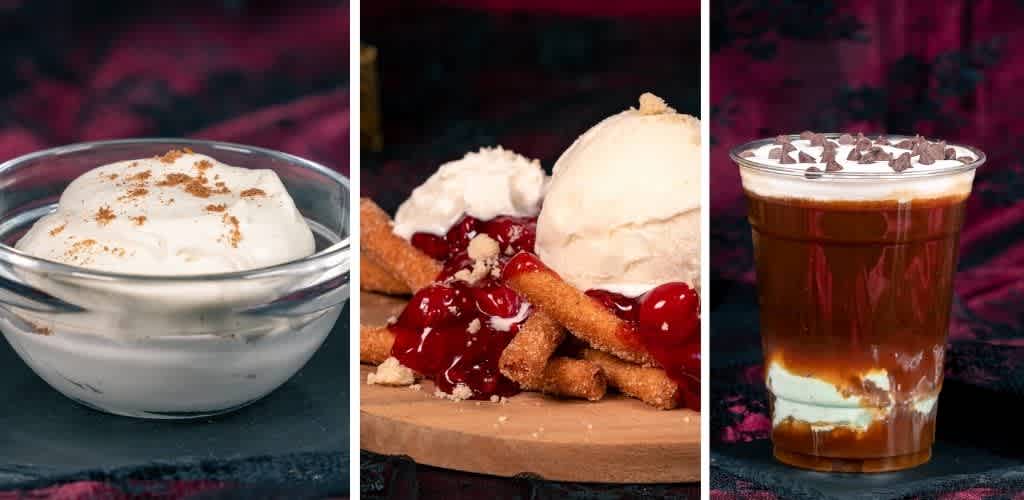 Three desserts and a drink: a bowl of whipped cream with cinnamon, a plate of ice cream with cherry topping and fried sticks, and a glass of iced coffee with chocolate shavings