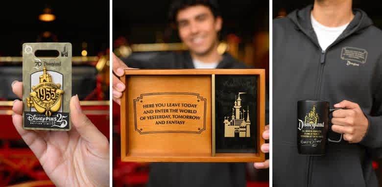 Three images showing Disneyland-themed items: on the left, a person holds a commemorative pin celebrating 25 years; in the center, a person presents a framed quote with the Disneyland castle; on the right, a person holds a black mug with Disneyland branding.