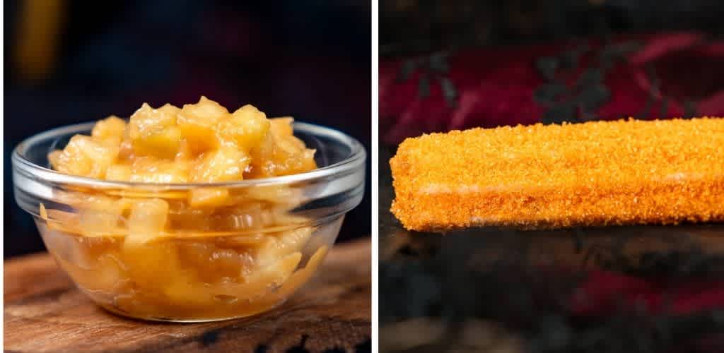 Two images side by side: the left shows a glass bowl filled with cooked apple chunks, and the right features a crispy, golden breaded fish stick on a dark surface.