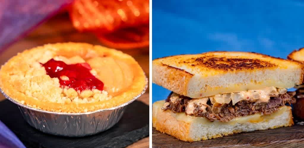 Side-by-side images of a cherry cheesecake and a grilled beef sandwich with cheese on toasted bread