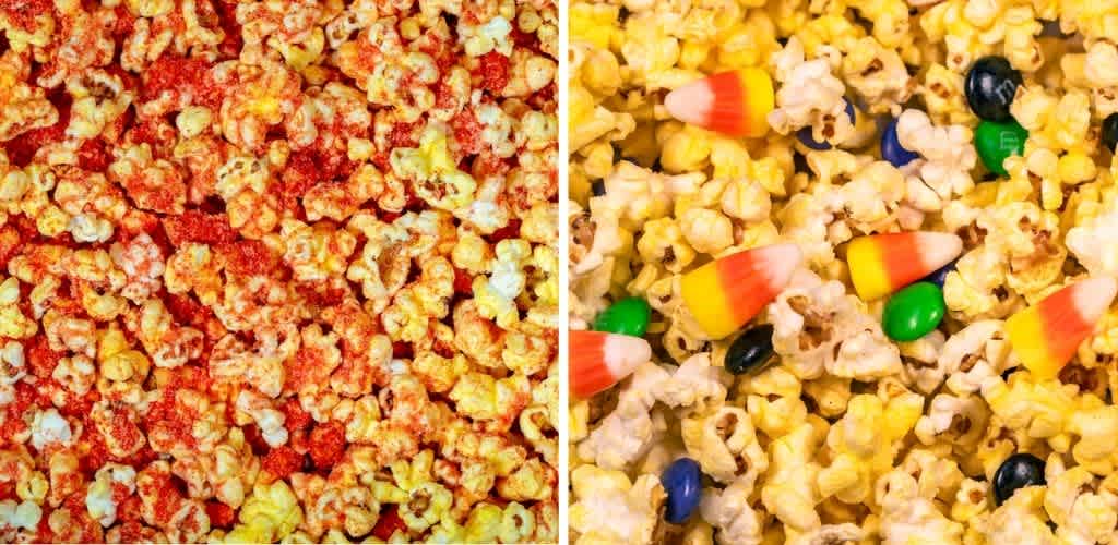 Close-up view of colorful popcorn with red, yellow, and white candy corn and green, black, and yellow M&Ms mixed in.