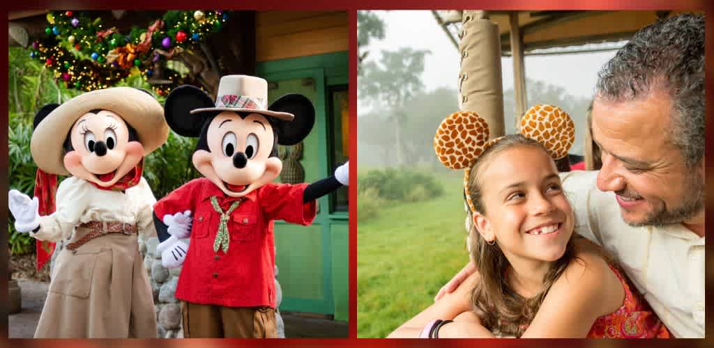 Split image showing two scenes. Left side: two cartoon mice characters in safari outfits smiling and posing outdoors with colorful plants behind them. Right side: a young girl wearing giraffe-patterned ears hugs an adult while they both smile in a bright, outdoor setting.