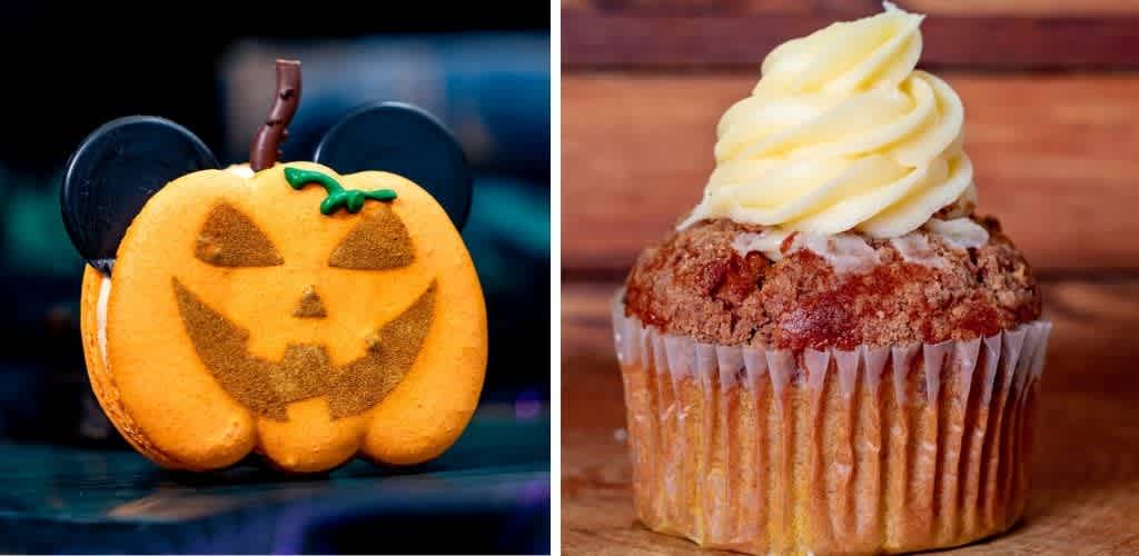 Left side is a Halloween themed pumpkin-shaped cookie with a carved face and decorative ears. Right side is a cupcake with yellow frosting and a crumbly texture.