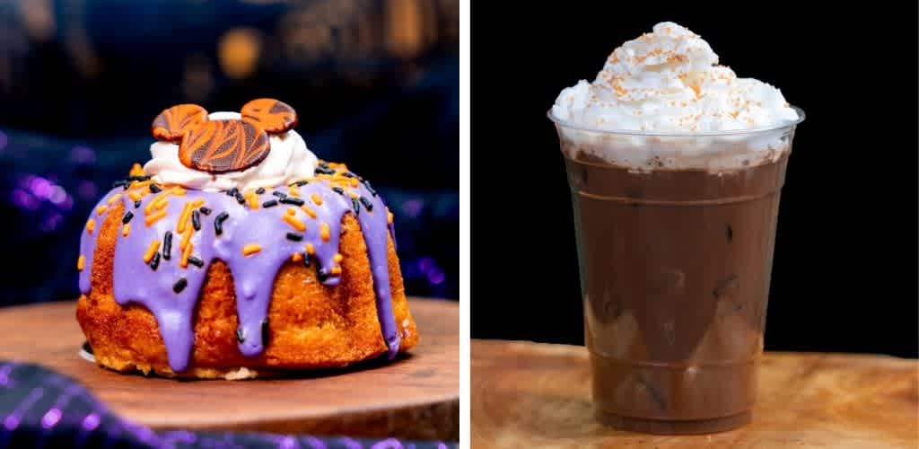 Image of a decorated cake with purple icing and whipped cream on the left, and a hot chocolate with whipped cream in a clear plastic cup on the right.