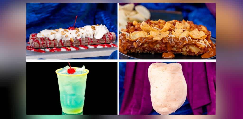 A delicious selection of fair-inspired treats. Top left: a chocolate-dipped dessert topped with whipped cream and nuts. Top right: a savory dish topped with cheese and corn chips. Bottom left: a vibrant blue and yellow drink garnished with a cherry. Bottom right: a fluffy, pink, cloud-like snack. Perfect for a fun and indulgent experience.