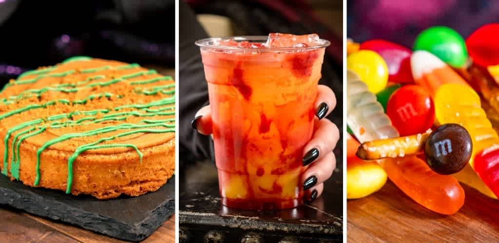 A collage of three images featuring a cookies and cream cake, a fruit cocktail, and colorful assorted candies on a wooden surface