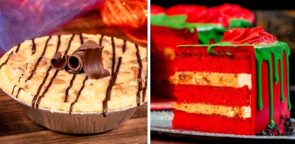 Two decorated cakes, one with chocolate curls and drizzle, and the other with red and green icing, layered with white filling and topped with red frosting.