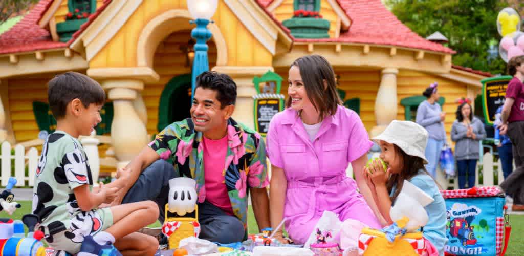 A family enjoys a picnic on a colorful blanket in front of a whimsical cartoon-style house. The child is wearing a Mickey Mouse outfit, and the adults are dressed in vibrant casual clothes. They are smiling and surrounded by toys and picnic items, creating a joyful and playful atmosphere. The setting includes a white picket fence and visitors walking in the background, enhancing the lively, theme park ambiance.