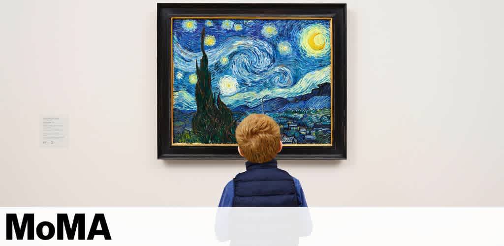 A child with light-brown hair stands in front of a famous painting with swirling blue and yellow patterns, depicting a night sky over a small town. The painting is displayed in a black frame on a white wall at a museum. The bottom left shows the text MoMA, indicating the Museum of Modern Art.