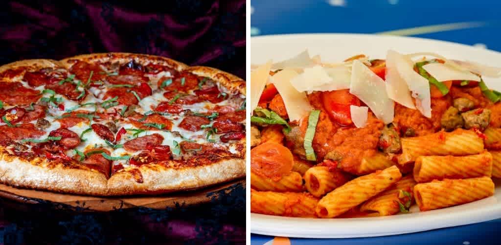 Side-by-side images of a pizza with pepperoni and green herbs and a plate of pasta with tomato sauce, cheese, and vegetables on a white plate.