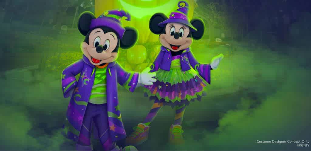 Two iconic cartoon characters are dressed in vibrant Halloween-themed costumes. One wears a purple robe with green accents and a pointed hat, while the other sports a colorful dress with star patterns. Both are surrounded by a misty green haze, adding a magical and festive atmosphere.