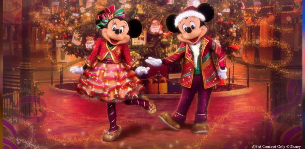 Minnie and Mickey Mouse dressed in festive holiday costumes walking in a decorated Christmas setting