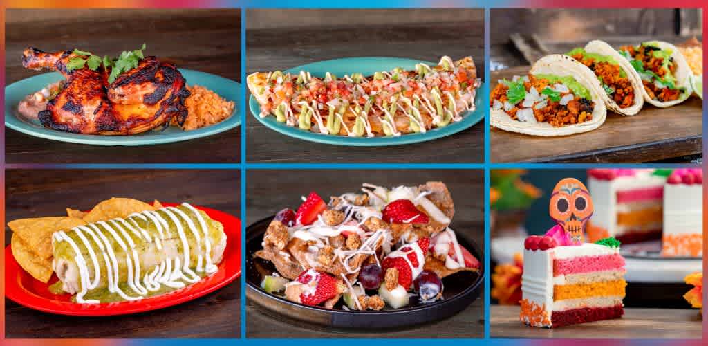 Six desserts and savory dishes including grilled chicken, pizza, tacos, a burrito, a dessert platter, and Halloween-themed cake with a skull topper