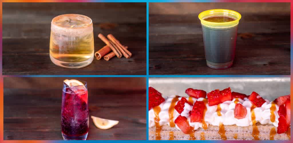 Four images showing different beverages and a dessert on a wooden surface: a glass of wine with cinnamon sticks, a cup of coffee, a glass of berry drink with lemon, and a strawberry shortcake.