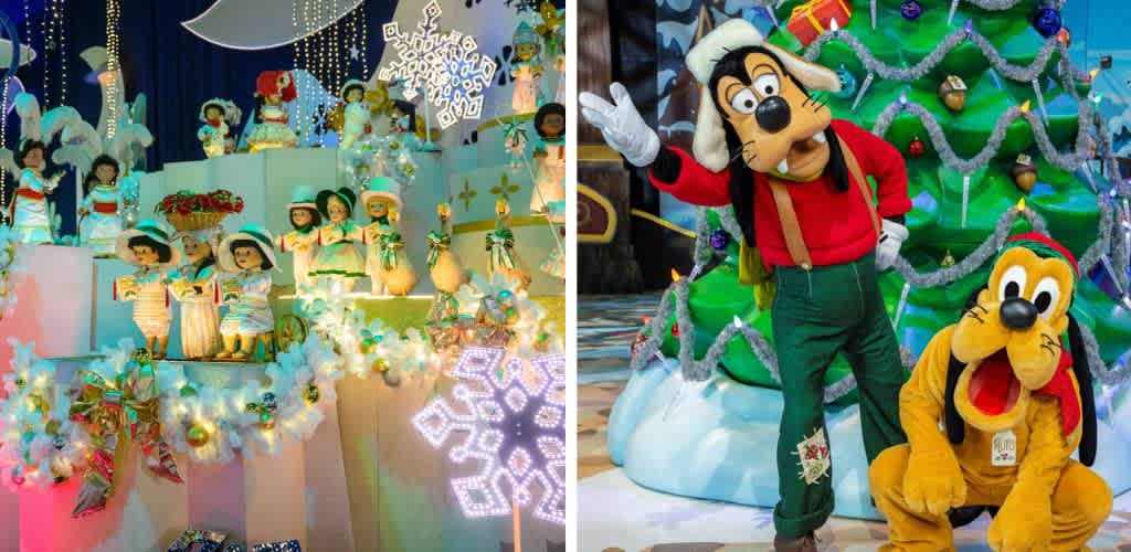 Festive holiday display with animated characters and decorated Christmas tree featuring ornaments and lights in a colorful themed setting.