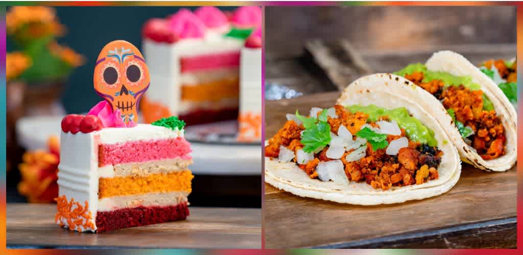 Left side shows a slice of colorful layered cake with a Halloween skull decoration on top. Right side features two tacos filled with seasoned meat, vegetables, and garnishes.