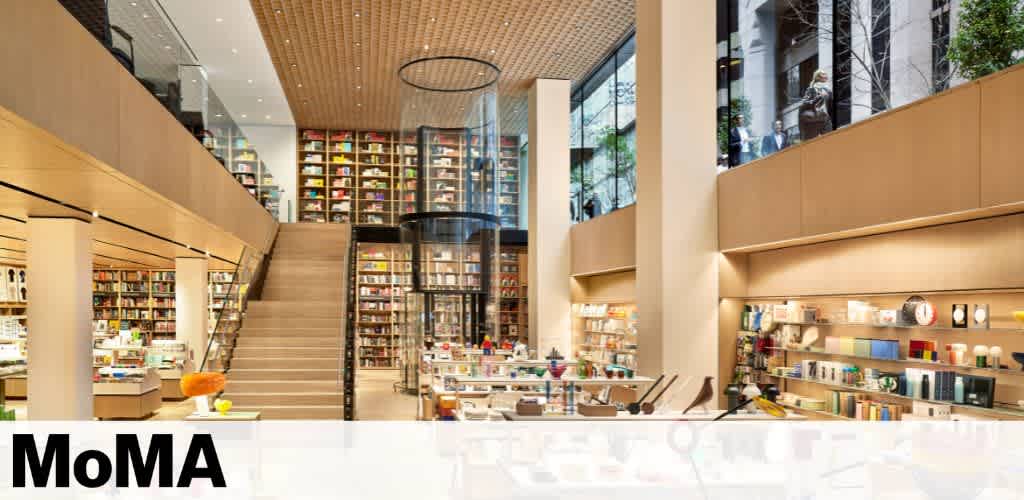 Bright and modern museum store interior with high ceilings. Shelves display colorful books and various items. A large staircase leads to an upper level with more shelves filled with books. Glass walls allow natural light, creating an inviting atmosphere. MoMA branding is visible in the lower left corner.