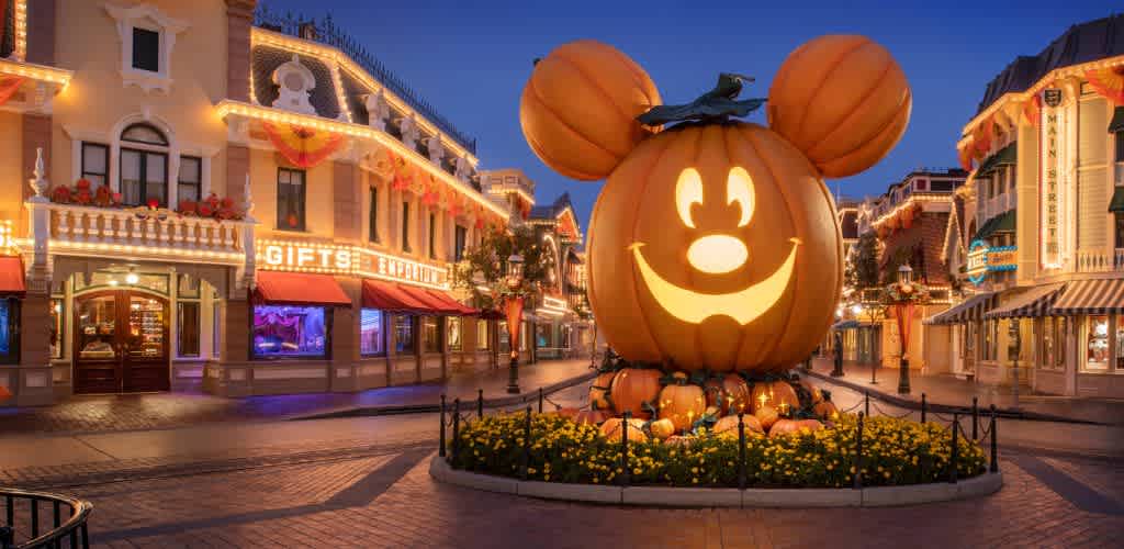 Large pumpkin display shaped like Mickey Mouse with a smiling face and a small black hat, surrounded by yellow flowers on a themed street at dusk