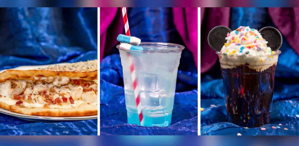 Three tasty treats on vibrant blue fabric. Left shows a cheesy flatbread topped with chicken and bacon. Center features a clear glass of blue lemonade with a red and white straw, topped with candies. Right displays a chocolate milkshake with whipped cream, rainbow sprinkles, and chocolate ears, in a glass.