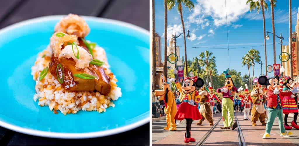 A plate of food with rice and vegetables next to a lively Disney parade with characters in colorful costumes.