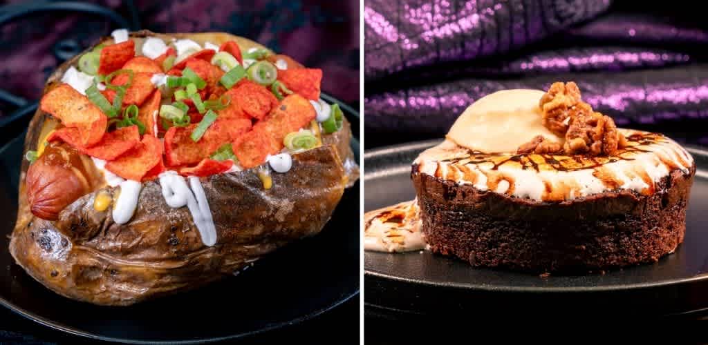 The image shows a baked potato topped with chili, cheese, and green onions on a black plate alongside a chocolate lava cake with ice cream and caramel drizzle on a black plate.