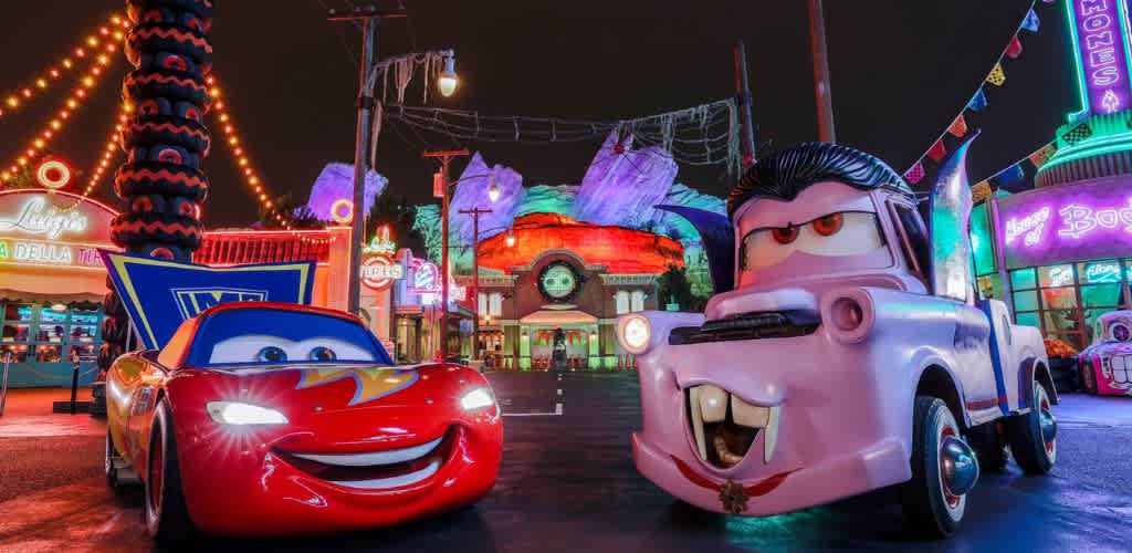 Vibrant nighttime scene featuring two animated cars in a festive theme park setting The red car smiles joyfully while the pink tow truck sports a playful expression in front of colorful neon lights and carnival decorations The atmosphere is lively with strings of lights and themed attractions creating a fun and whimsical environment perfect for family enjoyment and entertainment