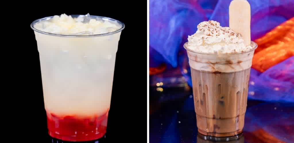 Two cold beverages in clear cups topped with whipped cream, one with strawberry syrup and the other with chocolate syrup on a colorful background.