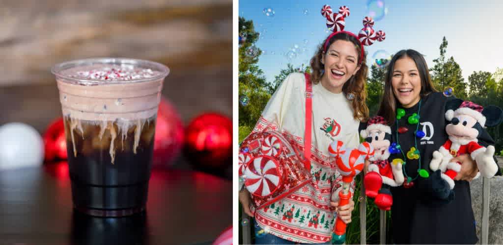 A festive holiday scene with a chocolate dessert cup on the left and two smiling women in Christmas sweaters holding plush Mickey and Minnie Mouse toys on the right